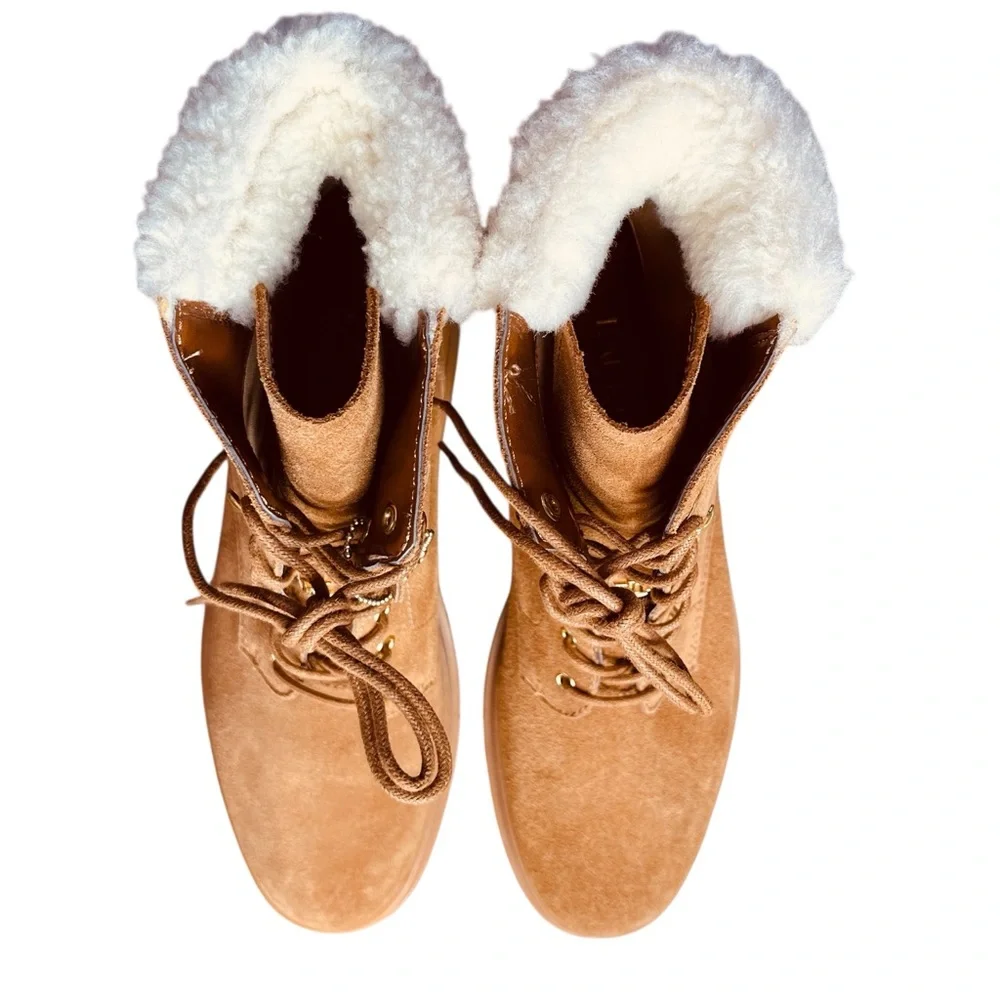Lauren Ralph Lauren Carlee suede tan combat lace-up 
boots fauxshearling 8.5 New - Picture 2 of 12